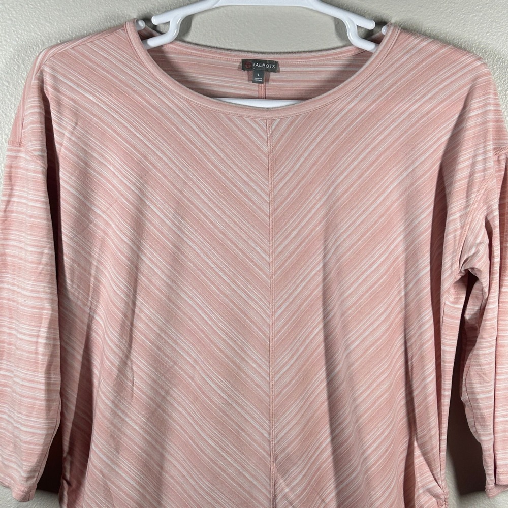 Talbots Womens Pink White Chevron Stripe Ruched 3/4 Sleeve Top Large VN5111